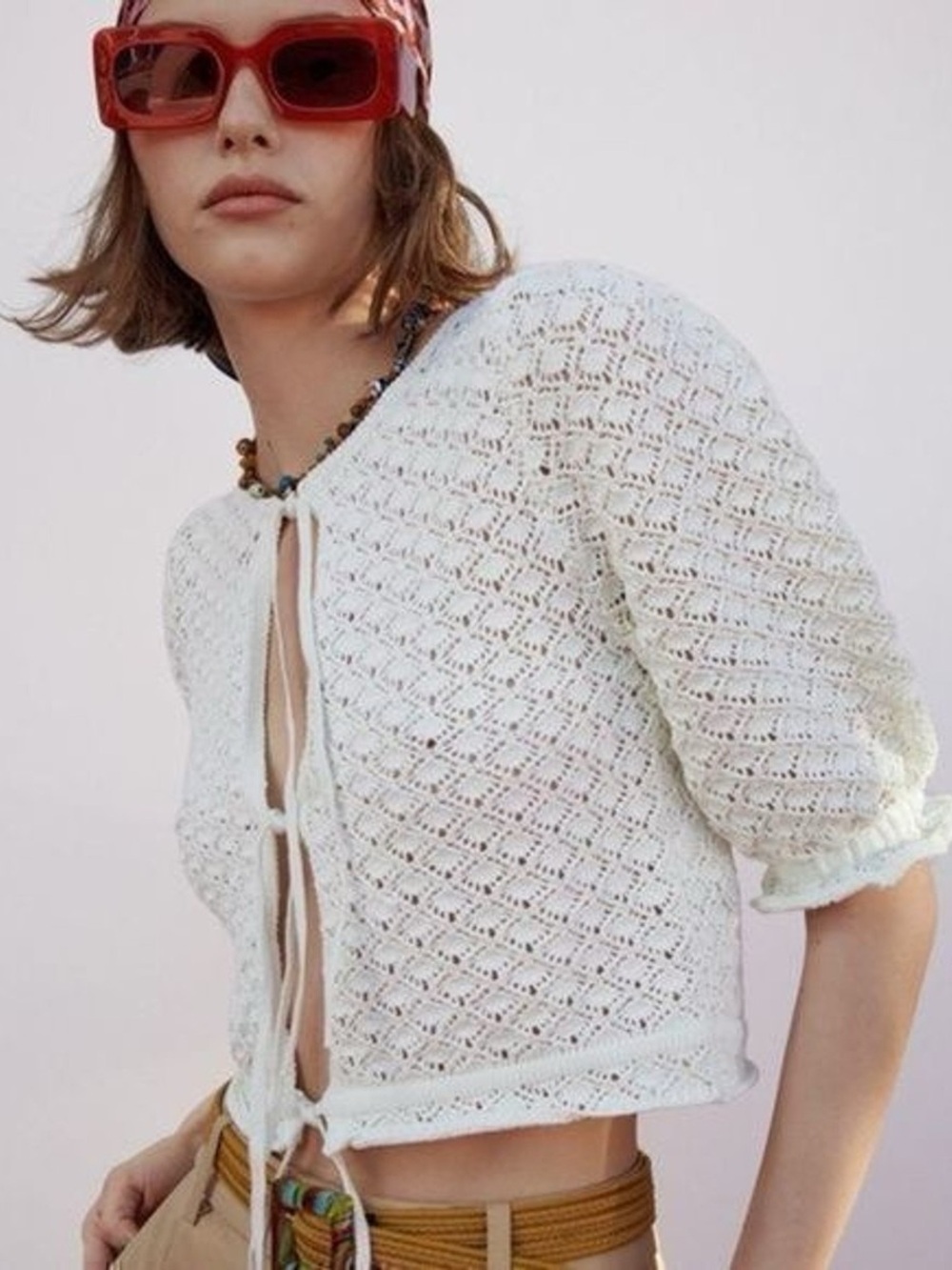 Zara Pointelle Knitted Sweater Top size Large Cream/White